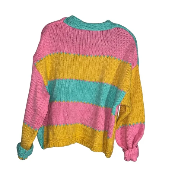 Colorblock Knit Cardigan Open Front Puff Sleeves Large - Picture 7 of 7